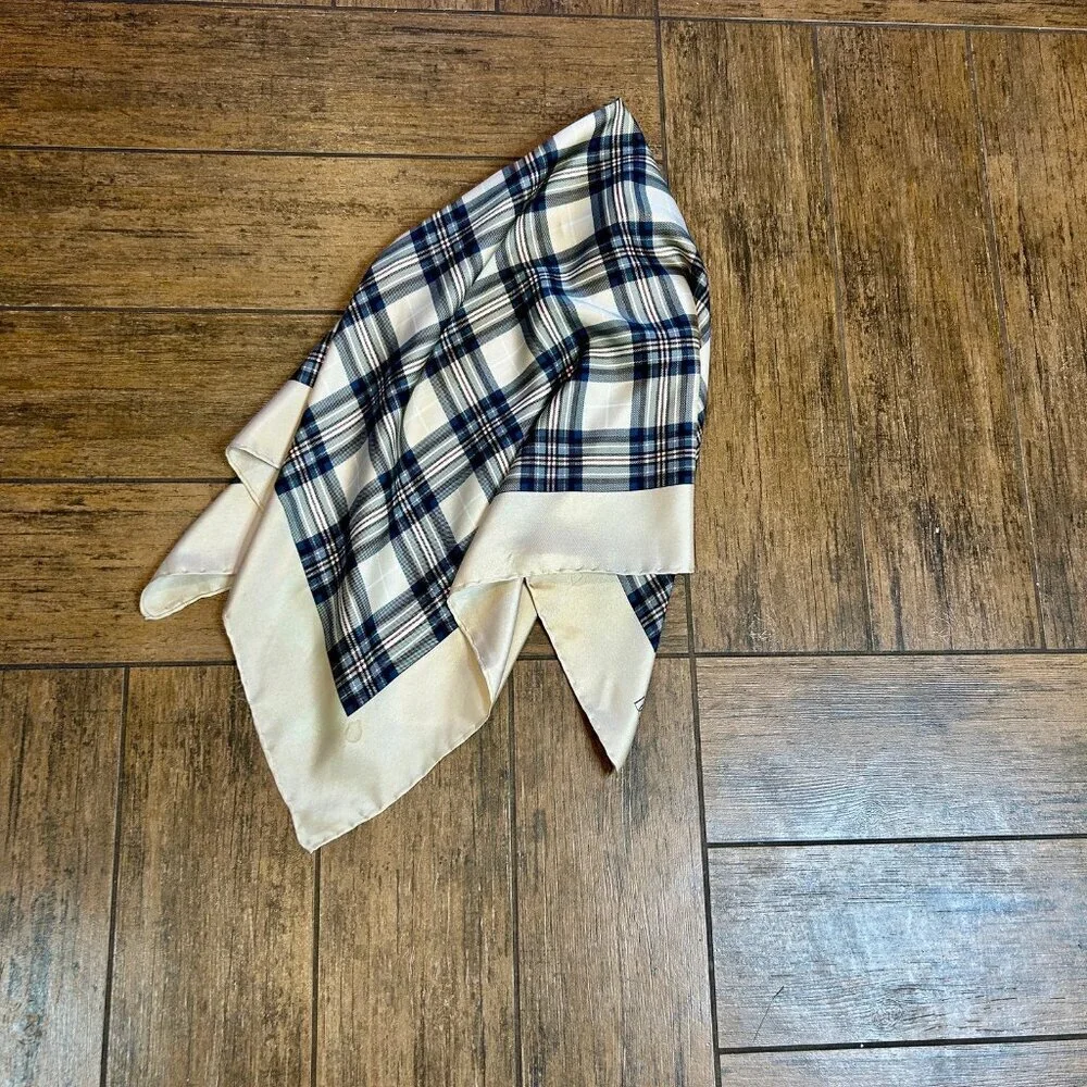 Doncaster Collection Vintage 100% Silk Tan Black Plaid Square Scarf